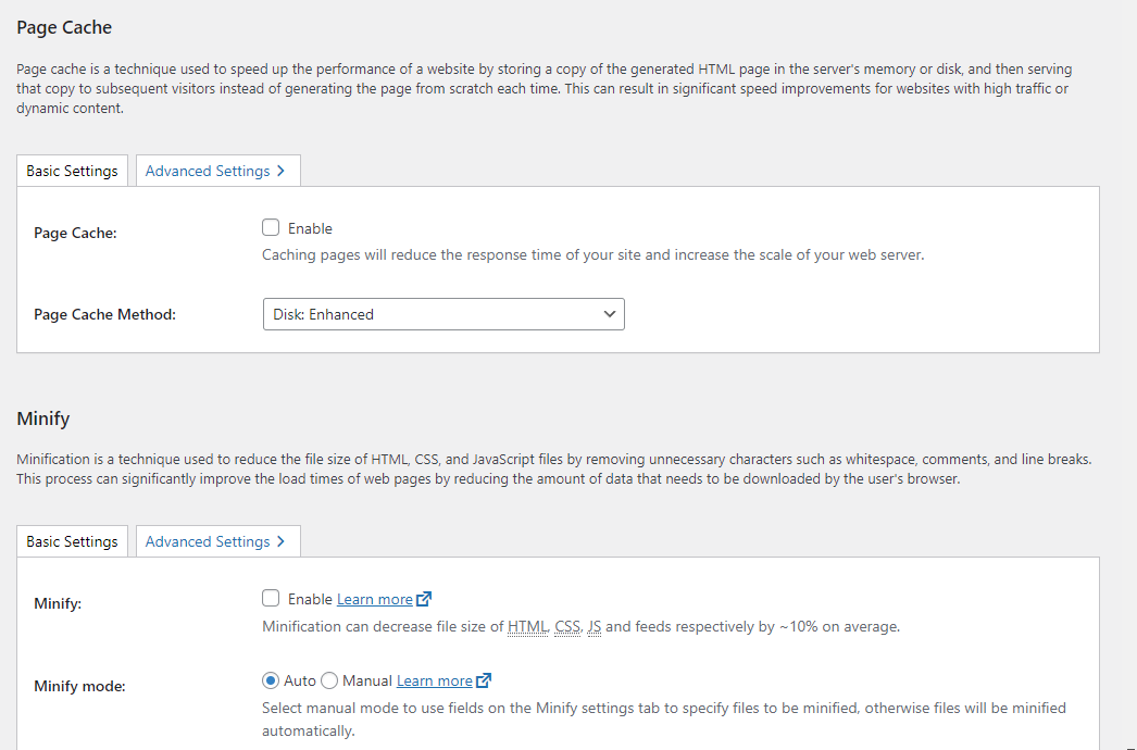 page-cache-settings